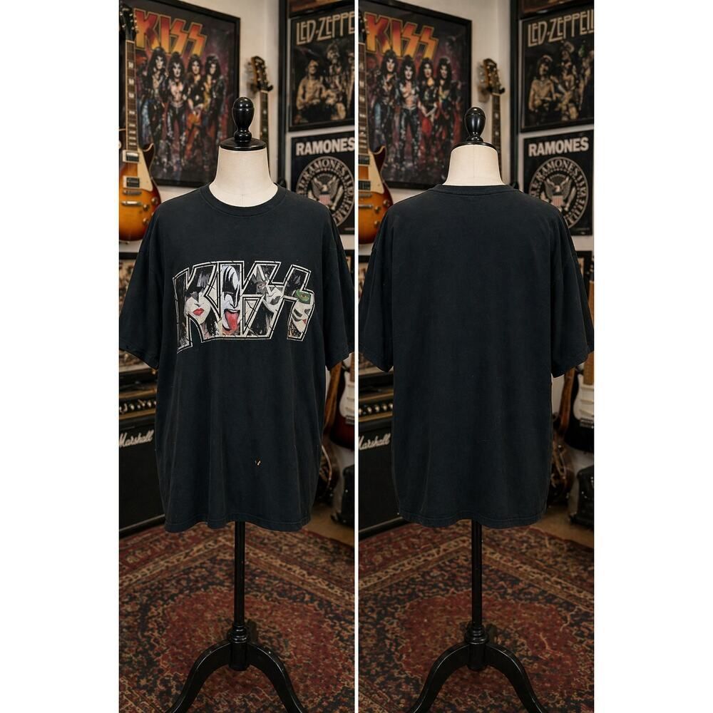 KISS Band Tee 2XL Black Graphic Shirt Rock Logo Faces 2X